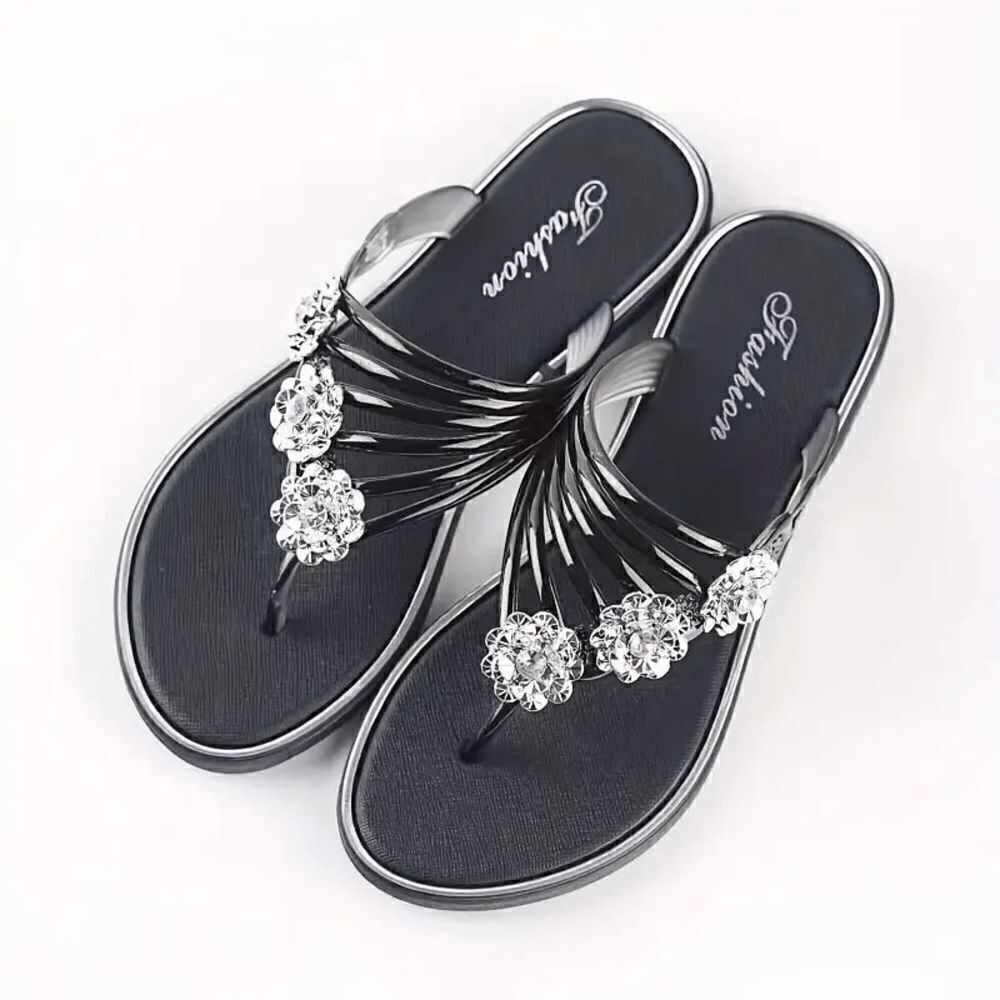 Flower Rhinestone Slip On Flip-Flops - Black - Picture 6 of 6